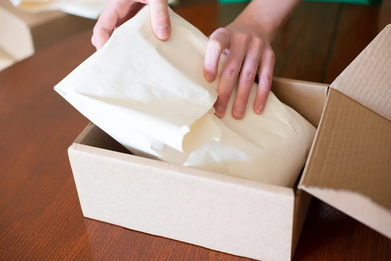 Persona preparando un pedido en caja de carton para vender en Amazon FBA como vendedor independiente