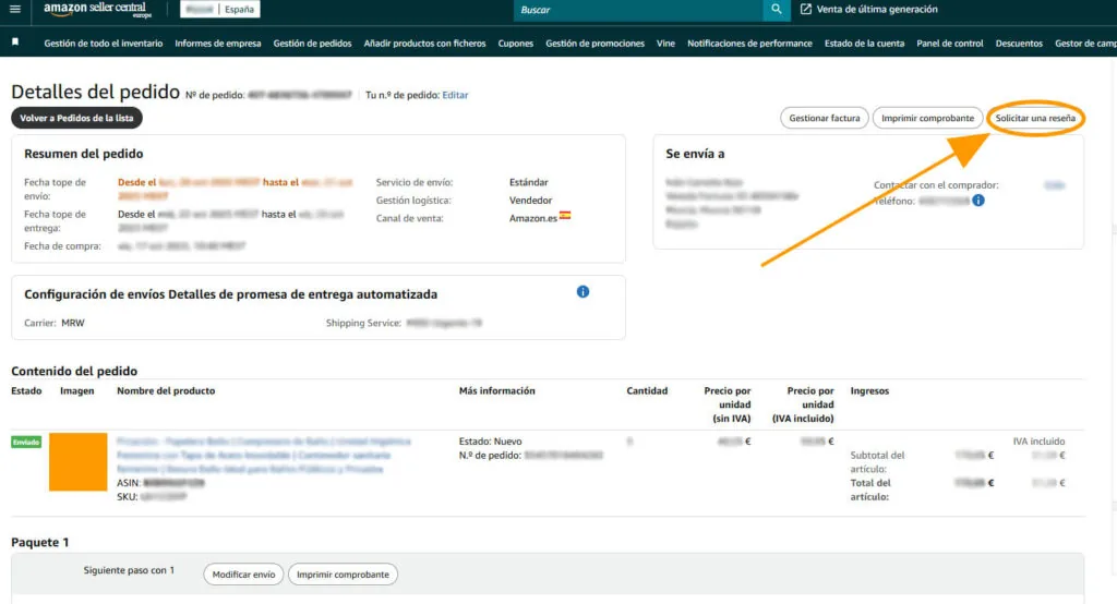 Ejemplo de solicitar reseñas desde Amazon seller central para conseguir reseñas Amazon