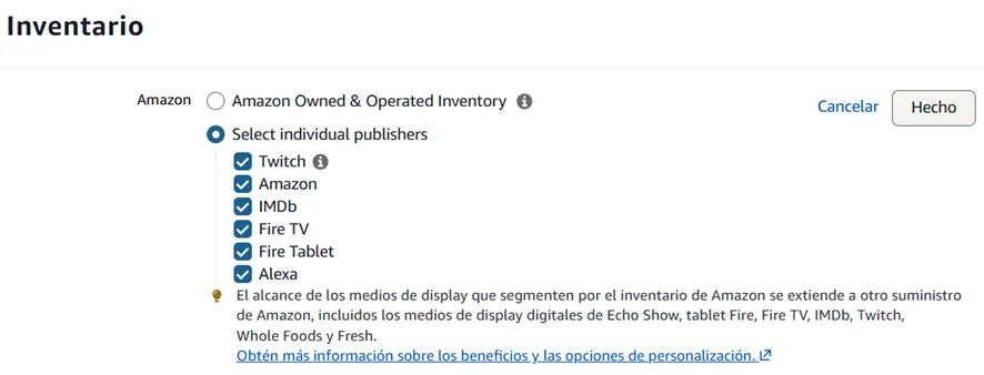 selección de inventario de donde van a aparecer en Amazon Video Ads