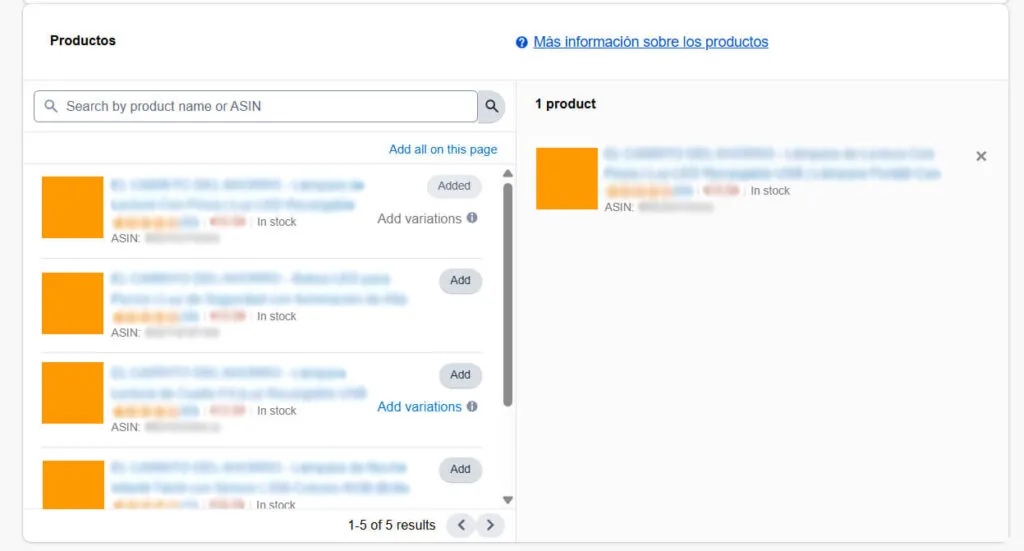 Amazon Attribution seleccionar productos manualmente
