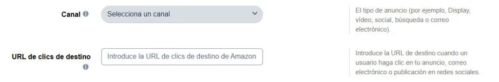 Amazon Attribution seleccionar canal y URL de landing page manualmente