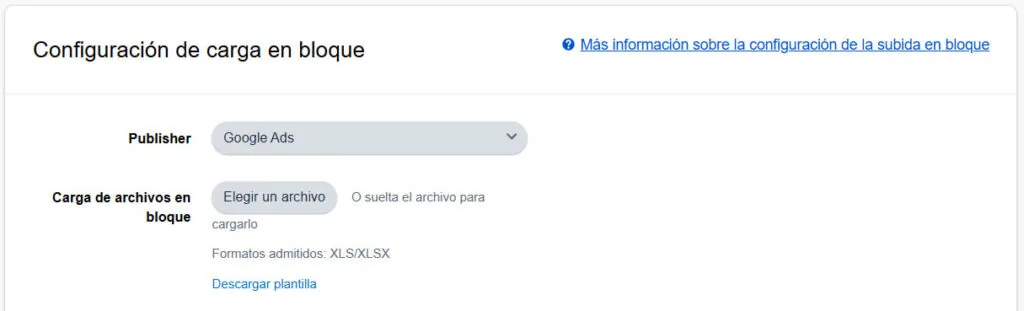 Amazon Attribution seleccionar publisher cargando archivo y descargar plantilla